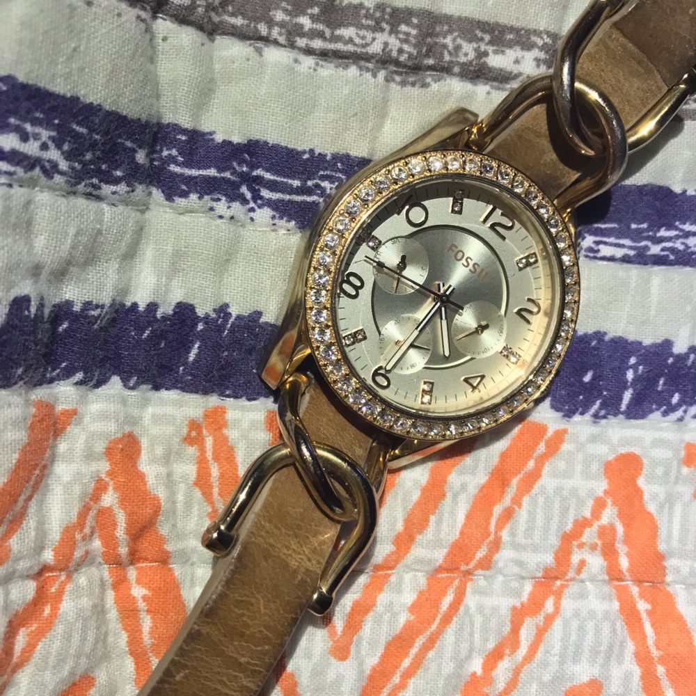 RILEY MULTIFUNCTION ROSE-TONE & SAND LEATHER WATCH